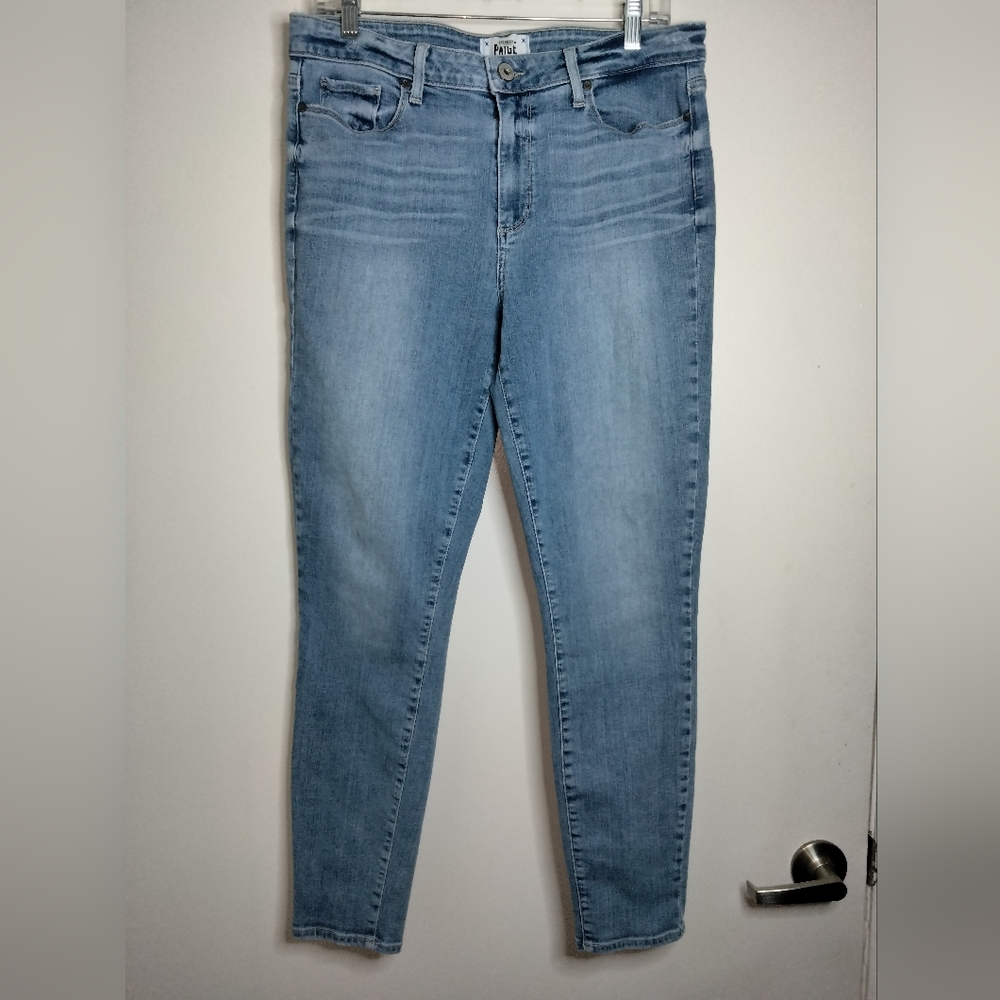Paige (Size 32) Blue Medium Wash Stretch 5 Pocket Hoxton Ankle Crop Denim Jeans